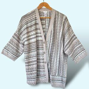 Pure J.Jill Cardigan Sweater Stripes Button Up Grey Blue White Womens Size Large